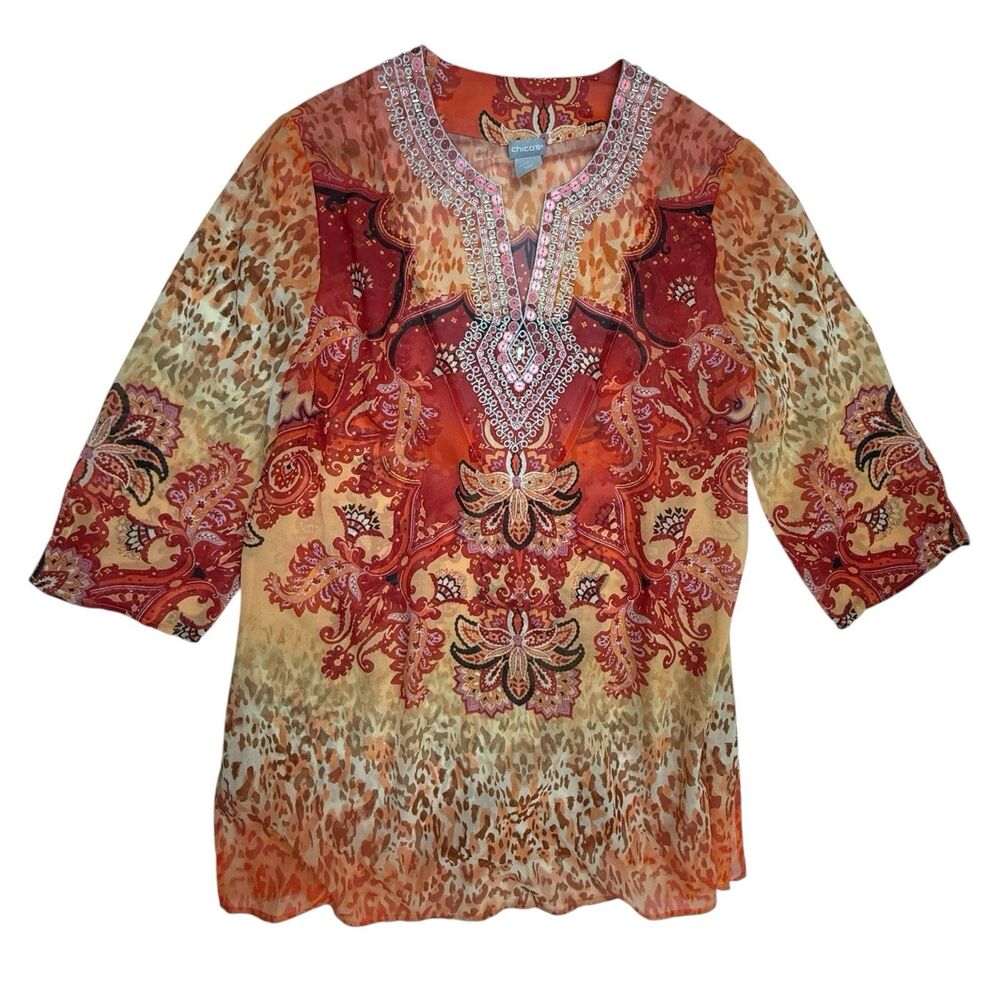 Chicos Semi Sheer Tunic Top 2 Large Animal Print Paisley Beaded Rhinestone Boho